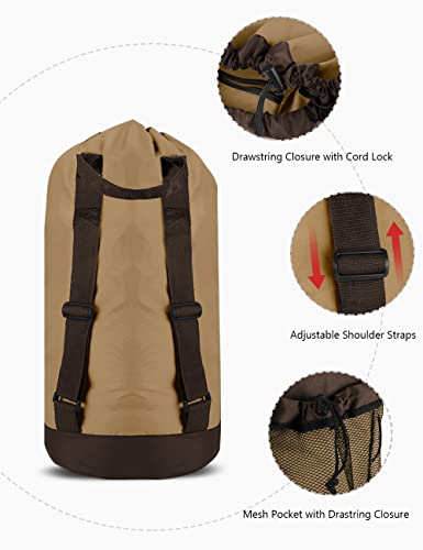 Dalykate Backpack Laundry Bag, Laundry Backpack with Shoulder Straps and Mesh Pocket Durable Nylon Clothes Hamper Bag with Drawstring Closure for College, Travel, Laundromat, Apartment - color: Golden Brown