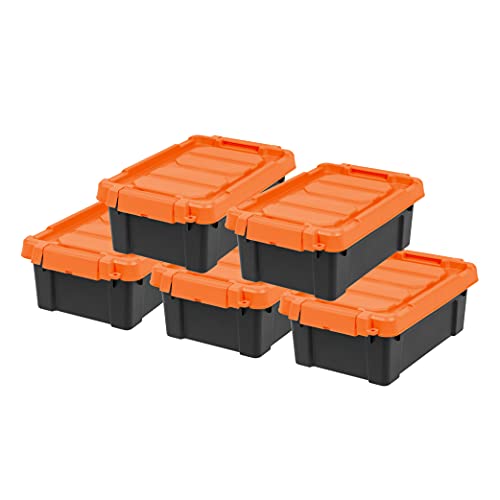 IRIS USA 3 Gallon Lockable Storage Bins with Lids, 5 Pack - Made in USA, Heavy Duty, Stackable Containers, Garage Organizing Bins Moving Tubs, Rugged Sturdy Equipment Utility Box - Black/Orange - color: Black, size: 3 Gal - 5 Pack