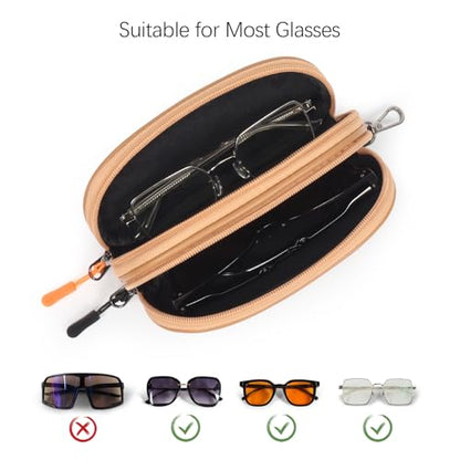 Double Eyeglasses Case Soft Portable Zipper Sunglasses Pouch with Keychain Clip for Men Women - color: Brown Pu