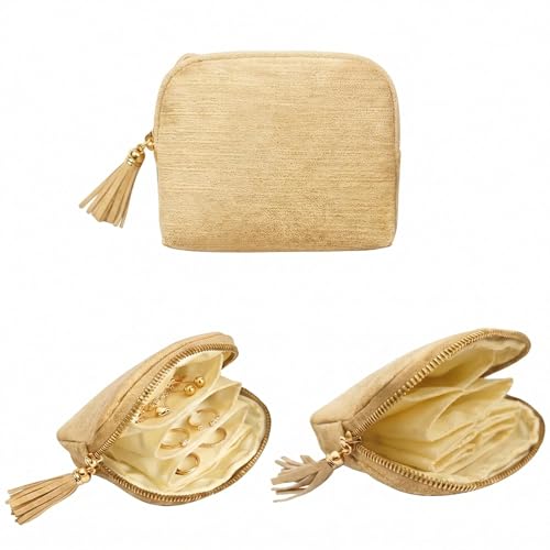 5.3" x 4.7" Small Travel Jewelry Case, Velvet Pouch with Tassel Zipper, Portable Organizer for Rings Earrings Bracelets, Anti-Scratch Storage for Travel & Daily Use (Dark Brown) - color: Dark Brown