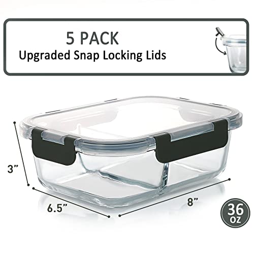 M MCIRCO [5-Pack,36 Oz] Glass Meal Prep Containers 2 Compartments Portion Control with Upgraded Snap Locking Lids Glass Food Storage Containers, Microwave, Oven, Freezer and Dishwasher (4.5 Cups) - color: Gray