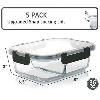 M MCIRCO [5-Pack,36 Oz] Glass Meal Prep Containers 2 Compartments Portion Control with Upgraded Snap Locking Lids Glass Food Storage Containers, Microwave, Oven, Freezer and Dishwasher (4.5 Cups) - color: Gray