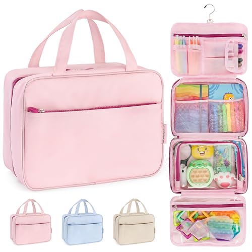 Kids Travel Organizer – Multi-Compartment, Water-Resistant Hanging Bag for Toys, Snacks, & Activities - Compact, Lightweight Design with Hook & Carry Handle - Perfect for Travel Use (Pink, Large) - color: Pink, size: Large