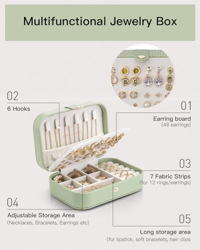 VLANDO Travel Jewelry Case, PU Leather Travel Jewelry Box with Earring Holder, Portable Display Small Jewelry Box for Mothers Day Women Girls Gift - Green - color: C.Green