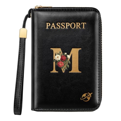 Passport Holder Cover Wallet with Zipper Personalized Initial Letter M Rose Flower RFID Blocking Travel Wallets Credit Cards Holder for Women, Gift for Wife and Girlfriend,M - color: Black, size: M