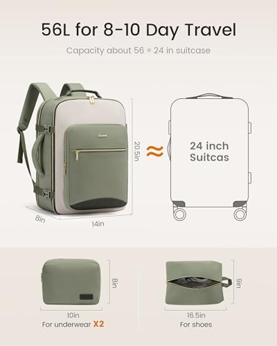 LOVEVOOK 56L Travel Backpack for Women & Men, Airline Approved Carry On Luggage with 3 Packing Cubes, TSA Overnight Bags, Waterproof Personal Item Bag, Weekender Essentials Backpacks fits 17" Laptop - color: Light Green-beige-olive Green, size: XX-Large