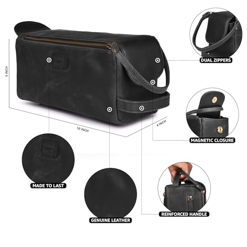 LEATHER VILLAGE Genuine Leather Travel Toiletry Bag - Water-Resistant Dopp Kit for Toiletries, Large Shaving Bag & Bathroom Organizer - Gift for Men & Women - Distressed Black - color: Distressed Black