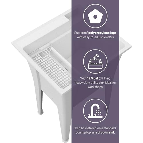 24” Utility Sinks for Laundry Room, Garage, Garden, Basement – Noah William Home Indoor and Outdoor Polypropylene Basement Wash Tub - No Faucet Included (White) - color: White, size: 24" - 19.5 gal