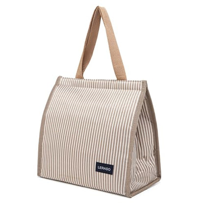 Insulated Lunch Bag for Work, 10.2"x5.9"x10.2" Oxford Waterproof Striped Canvas Tote Bag - color: Gold White