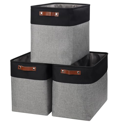 Bagnizer Large Fabric Storage Baskets | 50L Storage Bins, Decorative Linen Closet Baskets with Handles for Organizing, Shelf, Toys, Clothes, Home, Office, Nursery, 17x12x15Inches (Gray&Black) - color: Gray / Black, size: Extra Large -17"x12"x15"