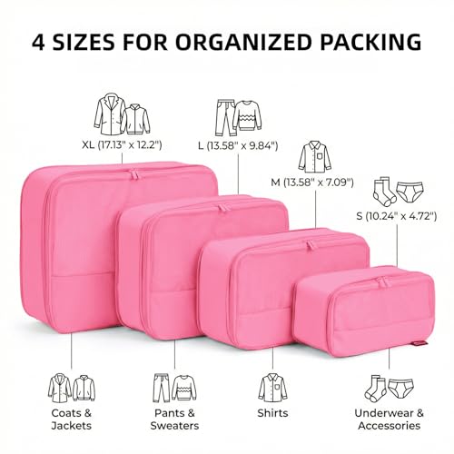 4 Piece Compression Packing Cubes for 3–7 Day Travel, Space Saving Travel Organizers with Breathable Mesh, Double-Zipper Packing Cubes for Carry-On & Suitcases (Pink) - color: Pink