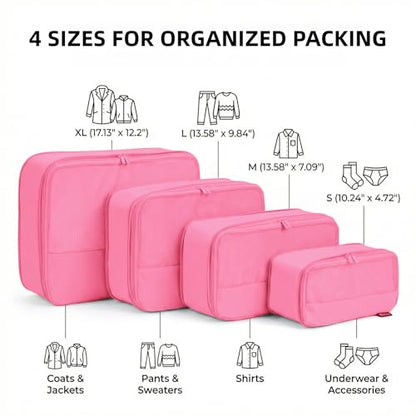 4 Piece Compression Packing Cubes for 3–7 Day Travel, Space Saving Travel Organizers with Breathable Mesh, Double-Zipper Packing Cubes for Carry-On & Suitcases (Pink) - color: Pink