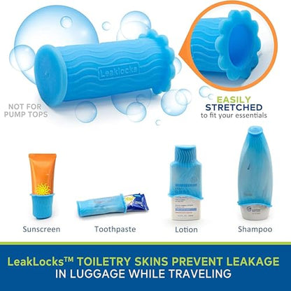 LeakLocks® Toiletry Skins™ Elastic Sleeve for Leak Proofing Travel Container in Luggage. For Standard and Travel Sized Toiletries. Reusable Accessory for Travel Bag Suitcase and Carry-on Luggage