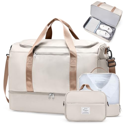 Extra Large Travel Duffle Bag,Carry on Overnight Weekend Bag with Shoes Compartment,Weekender Bags for Women for Travel Business Trips Sport Hospital,3 Pcs Set,Beige & Brown - color: X-Beige & Brown-3Pcs-0022, size: Extra Large