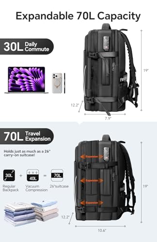 Vacuum Backpack Travel, 70L Expandable Carry On Backpack With Compression System, 2 Detachable TPU Vacuum Bags, TSA Lock, Water-Resistant, Fits 16" Laptop for Business & Travel