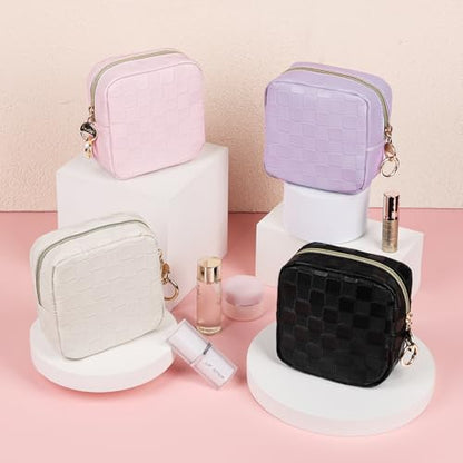 4.9" Small Makeup Bag, Checkered Mini Cosmetics Bag for Purse with Ring Buckle, Portable Small Travel Makeup Pouch for Women (Checkered, Beige) - color: Checkered Beige-4.9 inch