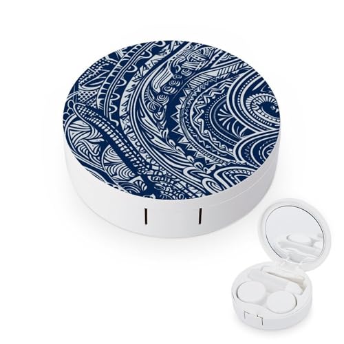 Blue Polynesian Maori Tribal Pattern Contact Lens Case - Durable Leakproof Light Convenient,Cute Colored Contact Lenses Applicator Removal Tool Kit,Contact Lens Box for Storage,Travel,Daily Home Use