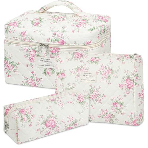 senbowe Floral Makeup Bag, 3 Pack Large Cotton Quilted Makeup Bag Set, Cute Floral Coquette Aesthetic Toiletry Bag Make Up Cosmetic Bag for Women, Toiletry Travel Make Up Organizer Bag - color: Pink-White Flower