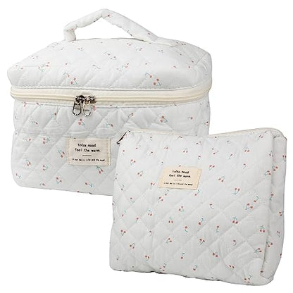 NATINSA Cute Makeup Bag for Women(2 Pcs), Travel Cosmetic Bags, Quilted Coquette Aesthetic Floral Toiletry Organizer Bag (Cherry) - color: Cherry