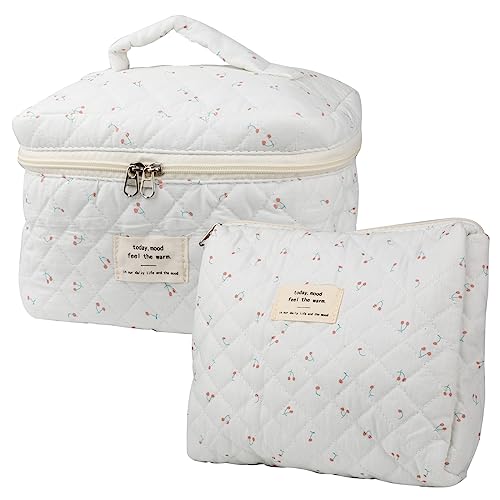 NATINSA Cute Makeup Bag for Women(2 Pcs), Travel Cosmetic Bags, Quilted Coquette Aesthetic Floral Toiletry Organizer Bag (Cherry) - color: Cherry