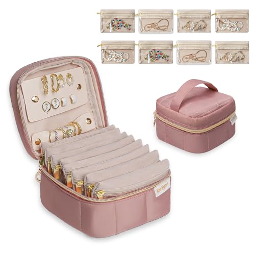 Karsyon Travel Jewelry Case Organizer Jewelry Box with 8 Velvet Pouches Mini Jewelry Organizers Storage for Girls/Women Small Cute Puffer Bags for Earrings,Rings,Necklaces,Bracelets (Dark Pink, Small) - color: Dark Pink, size: Small