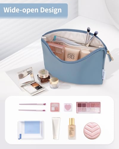 Narwey Small Makeup Bag for Purse Small Cosmetic Bag Women PU Leather Travel Makeup Pouch Zipper Pouch (Greyish Blue) - color: A-Greyish Blue