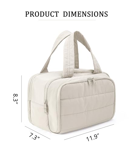 Travel Toiletry Bag for Women, Large Wide-open Puffy Cosmetic Makeup Bag with Wet-Dry Separation, Multi-Pocket Organizer with Carry Handle for Toiletries, Cosmetics, Essentials, Beige - color: Beige