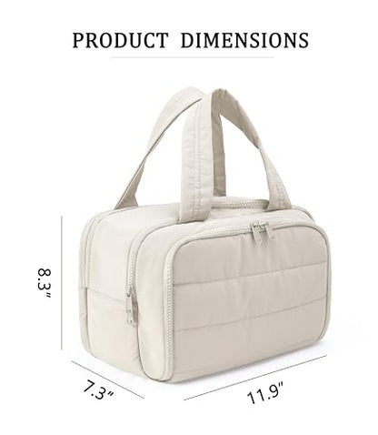 Travel Toiletry Bag for Women, Large Wide-open Puffy Cosmetic Makeup Bag with Wet-Dry Separation, Multi-Pocket Organizer with Carry Handle for Toiletries, Cosmetics, Essentials, Beige - color: Beige