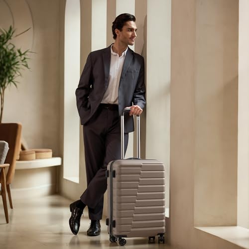 Coolife Medium Checked Luggage with Spinner Wheels, Hardside Suitcase TSA Lock Lightweight Travel Luggage 24-inch,Brown - color: brown, size: Medium(24in)