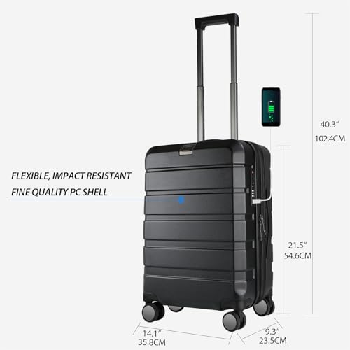 KROSER Hardside Expandable Carry On Luggage with Spinner Wheels & Built-in TSA Lock, Durable Suitcase Rolling Luggage with USB Port, Carry-On 20-Inch, Black - color: Black