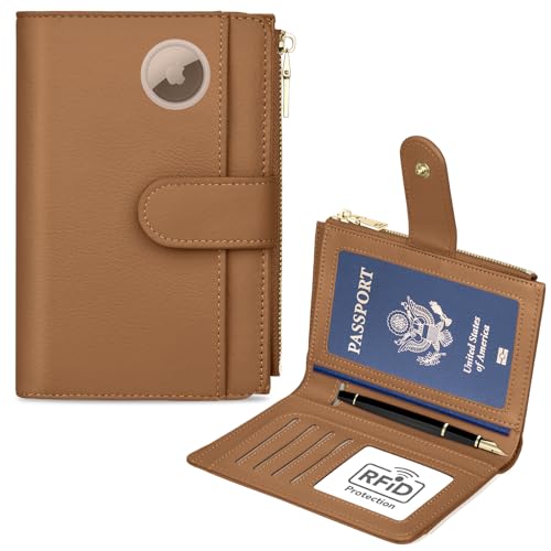 Passport Holder for Travel, Leather Passport Wallet with Airtag Slot, RFID Blocking Travel Wallet for Women Men, Passport Cover with Air Ticket Card Cash Coin Pocket, Travel Essentials Gift - color: Brown