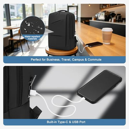 15.6 Inch Laptop Backpack for Men Women, 22L Business Travel Backpack W/USB Charging Port. Water Resistant Work Bookbag, Black - color: Black