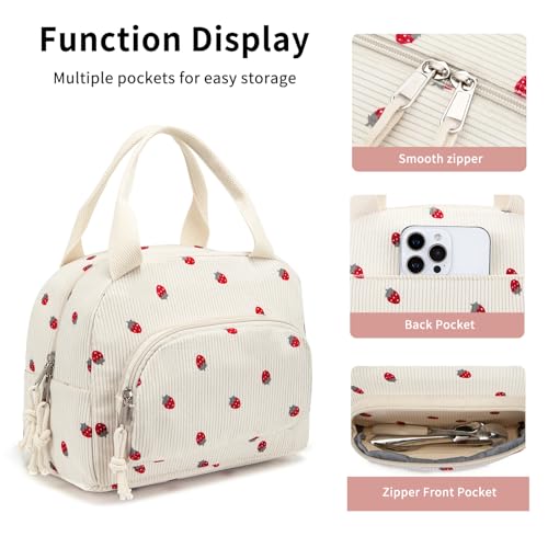 Lunch Bag Women Lunch Box for Women Adult Cute Insulated Lunch Bag Small Cooler Lunch Tote Bags for Work Picnic Travel (Beige-Strawberry) - color: Beige-Strawberry
