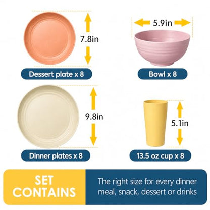 Teivio 32-Piece Wheat Straw Dinnerware Sets for 8, Dinner Plates, Dessert Plate, Cereal Bowls, Cups 13.5oz, Unbreakable Colorful Plastic Outdoor Camping RV Kitchen Essentials Dishes, Pink Ombre - color: Pink Ombre