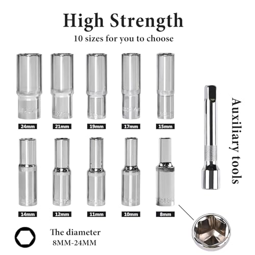 Egofine 12PCS 1/2" Drive Deep Socket Set,Metric(8-24MM),6-Point, Cr-V Steel - size: 1/2, style: 12PC Deep Socket Set