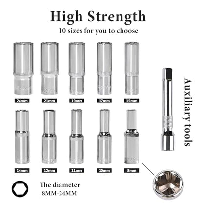Egofine 12PCS 1/2" Drive Deep Socket Set,Metric(8-24MM),6-Point, Cr-V Steel - size: 1/2, style: 12PC Deep Socket Set