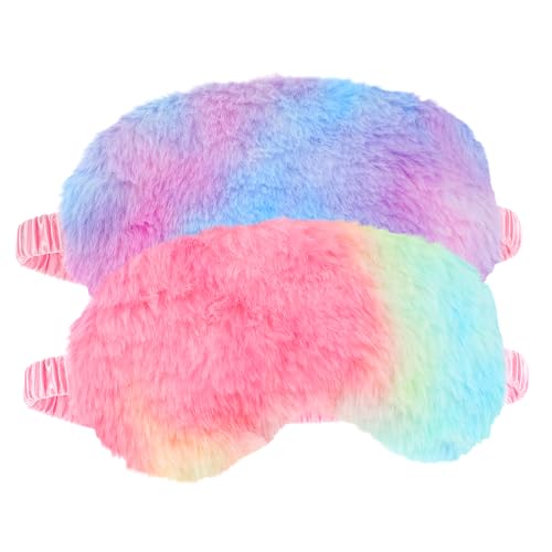 2 Pack Plush Sleeping Eye Mask Soft Plush Eye Mask Fuffy Eye Cover Comfortable Sleep Mask Blindfold Rainbow Faux Fur Eye Shade for Women, Men and Kids Travel Nap Sleeping - color: Rainbow