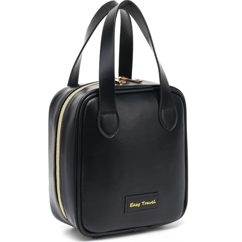 Fammart Travel Makeup Bag, Large Flat-Open Cosmetic Bag Make Up Organizer Case for Women, Waterproof PU Leather Toiletry Bag with Brush Compartment Skincare Pouch for Toiletries Accessories - color: PU, Flat Open - Black