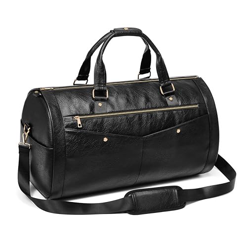 Garment Bag for Travel, Convertible Suit Garment Bag for Men, Stylish Carry On Garment Bag with Shoulder Strap, 2 in 1 Foldable PU Leather Garment Duffle Bag Suit Travel Bag for Men, Black - color: Black