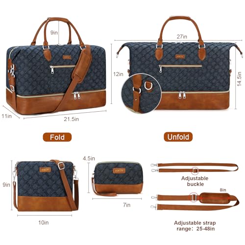 ITIEZY Weekender Overnight Bag for Women - Large Travel Duffel Bag with Shoe Compartment, Gym Duffel Bag Hospital Bag Carry On Tote Bags for Airplanes with Crossbody Bag Toiletry Bag 3Pcs Set - color: 8a-Dark blue