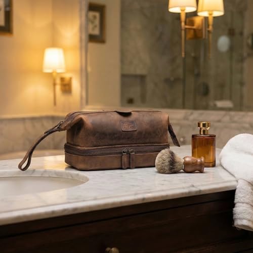 LEATHER VILLAGE Genuine Leather Dopp Kit – Large Travel Toiletry Bag with Waterproof Lining, Dual-Zip Design for Men & Women, Organizer for Shaving, Makeup & Essentials - Rustic Brown - color: Rustic Brown