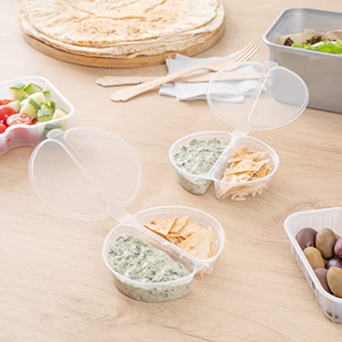 Restaurantware Futura 4 Ounce Snack Containers 100 Microwavable Sauce Containers - 2 Compartments Hinged Lid Clear Plastic Portion Cups For Condiments Or Dips - size: 6 oz