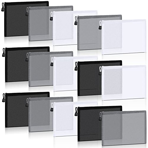 Outus 15 Pieces Mesh Bags Pouch Mesh Zipper Pouch Makeup Bags Cosmetic Travel Organizer Zipper Pencil Case for Organizing Office travel Storage(9.84 x 7.09 Inches,Black, Gray, White) - color: Black, Gray, White, size: 9.84 x 7.09 Inches