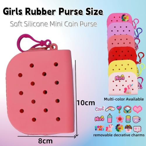 Soft Silicone Mini Coin Purse with Zipper and Cartoon Hole,with 15 pcs DIY Charms. Portable Keychain Pouch Organizer (Pink) - color: Pink
