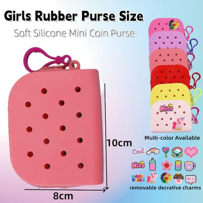 Soft Silicone Mini Coin Purse with Zipper and Cartoon Hole,with 15 pcs DIY Charms. Portable Keychain Pouch Organizer (Pink) - color: Pink