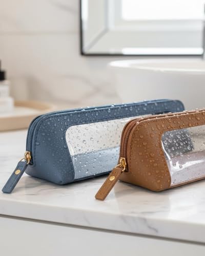 LETGO Clear Makeup Brush Bag Pouch, Waterproof PU Leather Portable Makeup Bag Holder with Transparent Window, Travel Lipstick Case Pouch Car Organizer and Storage (Slim, Blue) - color: Blue, style: Slim