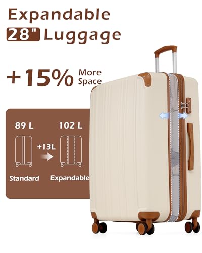 Coolife Luggage, Suitcase with Durable and Lightweight, Large Checked Luggage with ABS Hardshell Expandable, Dual Spinner Wheels, TSA Lock, and YKK Zipper(apricot white, L(28in)) - color: apricot white, size: L(28in)