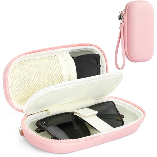 Double Glasses Case for Women Men, Dual Eyeglass Travel Organizer with Wristband - color: Pink