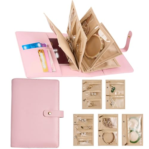 PU Leather Travel Jewelry Storage Box - Jewelry Binder Organizer with Zipper Velvet Pouches Bracelet Earring Rings Necklaces Jewelry Binder Gift for Women -Pink - color: Flatpattern_pink