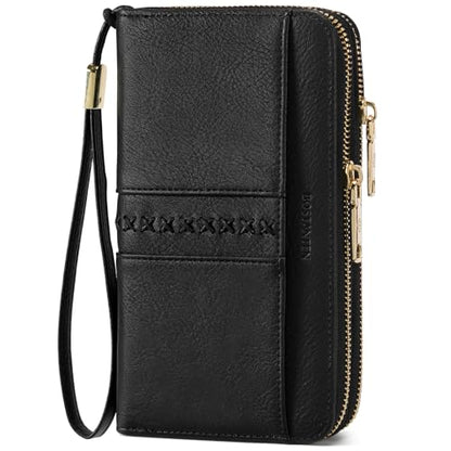BOSTANTEN Wallets for Women Leather RFID Double Zipper Around Credit Card Holder Large Capacity Wristlet Clutch Wallet - color: Black